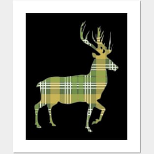 Green, Yellow and White Tartan Scottish Stag Silhouette Posters and Art